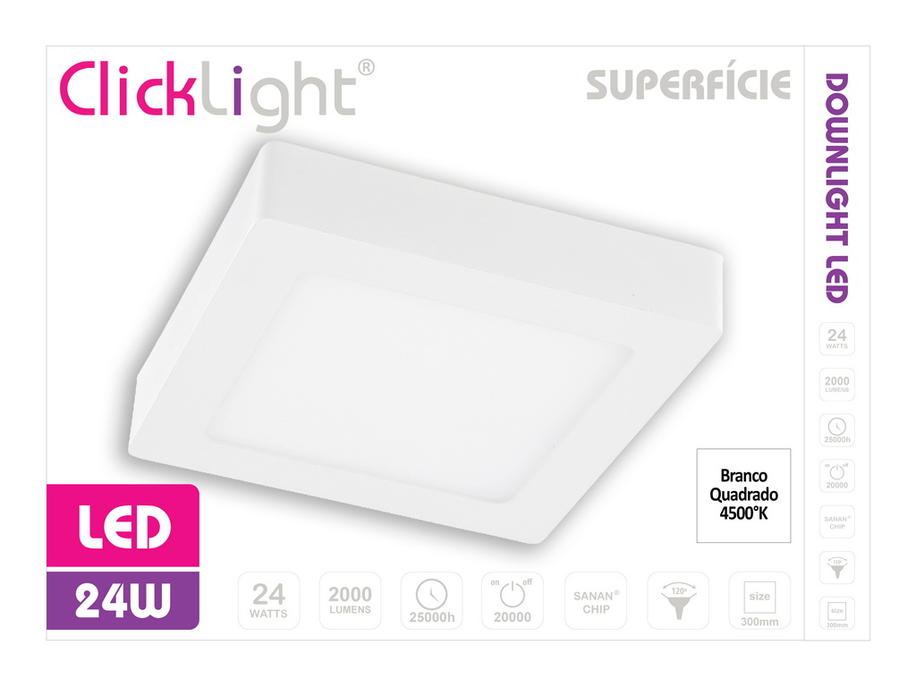 DOWNLIGHT LED CLICKLIGHT QUADRADO BRANCA 24W