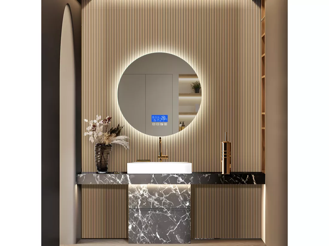 Miroir Salle de Bain avec Éclairage - Rond Ø60 cm - Miroir LED Salle de Bain - avec Tactile, Anti-buée, Horloge, Température, Dimmable