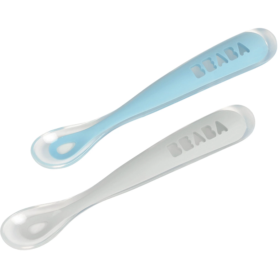 BEABA® Set aus 2 Babylöffeln aus Silikon mit Aufbewahrungsbox 1. Altersstufe blaugrau