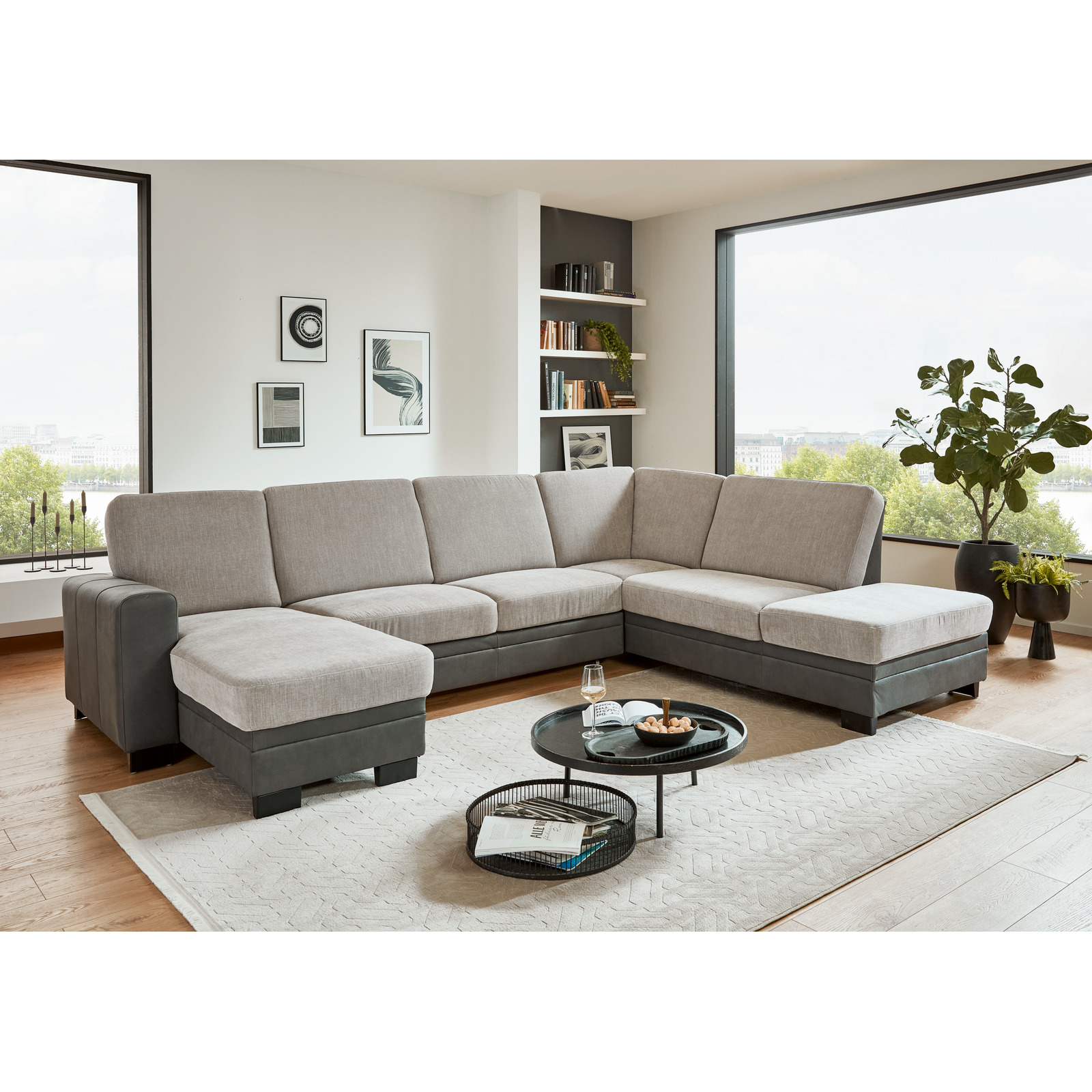 Wohnlandschaft Leipzig Stoff platin/anthrazit mit Bettfunktion