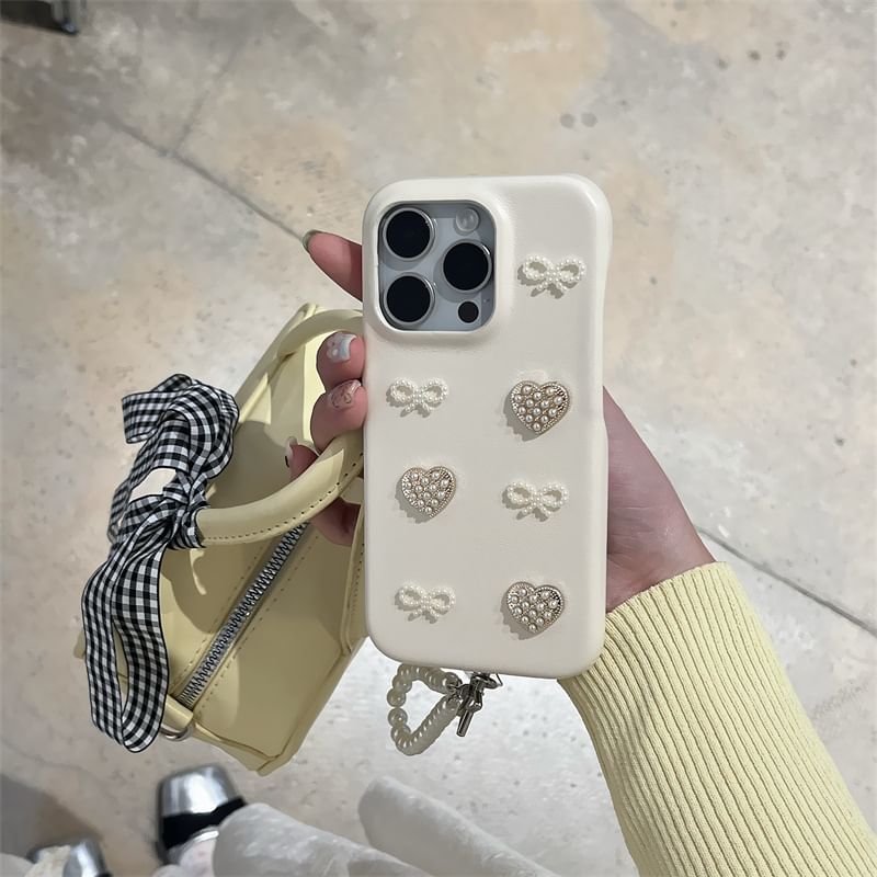 Fonekase - Kunstparel Strik Hart Telefoonhoesje / Charm / Set - iPhone 16 Pro Max / 16 Pro / 16 Plus / 16 / 15 Pro Max / 15 Pro / 15 Plus / 15 / 14 Pro Max / 14 Pro / 14 Plus / 14 / 13 Pro Max / 13 Pro / 13 / 13 Mini