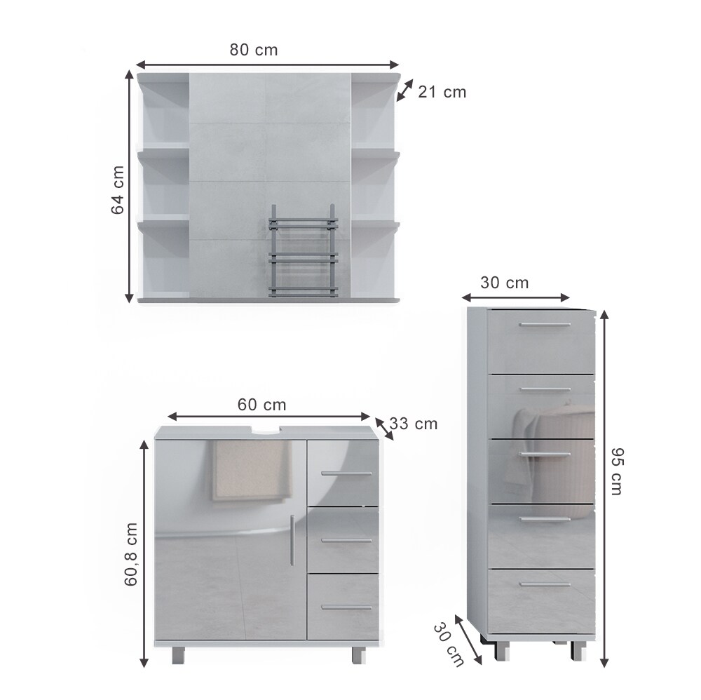 Vicco Badmöbelset Ilias Weiß Hochglanz modern Badezimmer Schrank Badschrank Waschtischunterschrank Spiegelschrank Midischrank Schranktür Schrankschublade Schrankfach Ablage Aufbewahrung