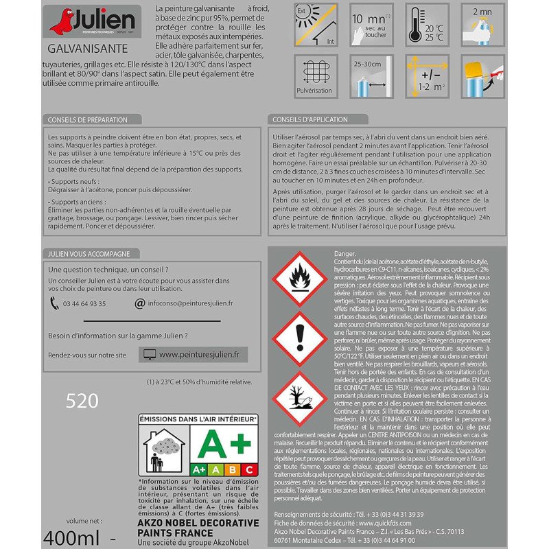 Peinture galvanisante tous métaux Julien - Aérosol de 400 ml, argenté brillant