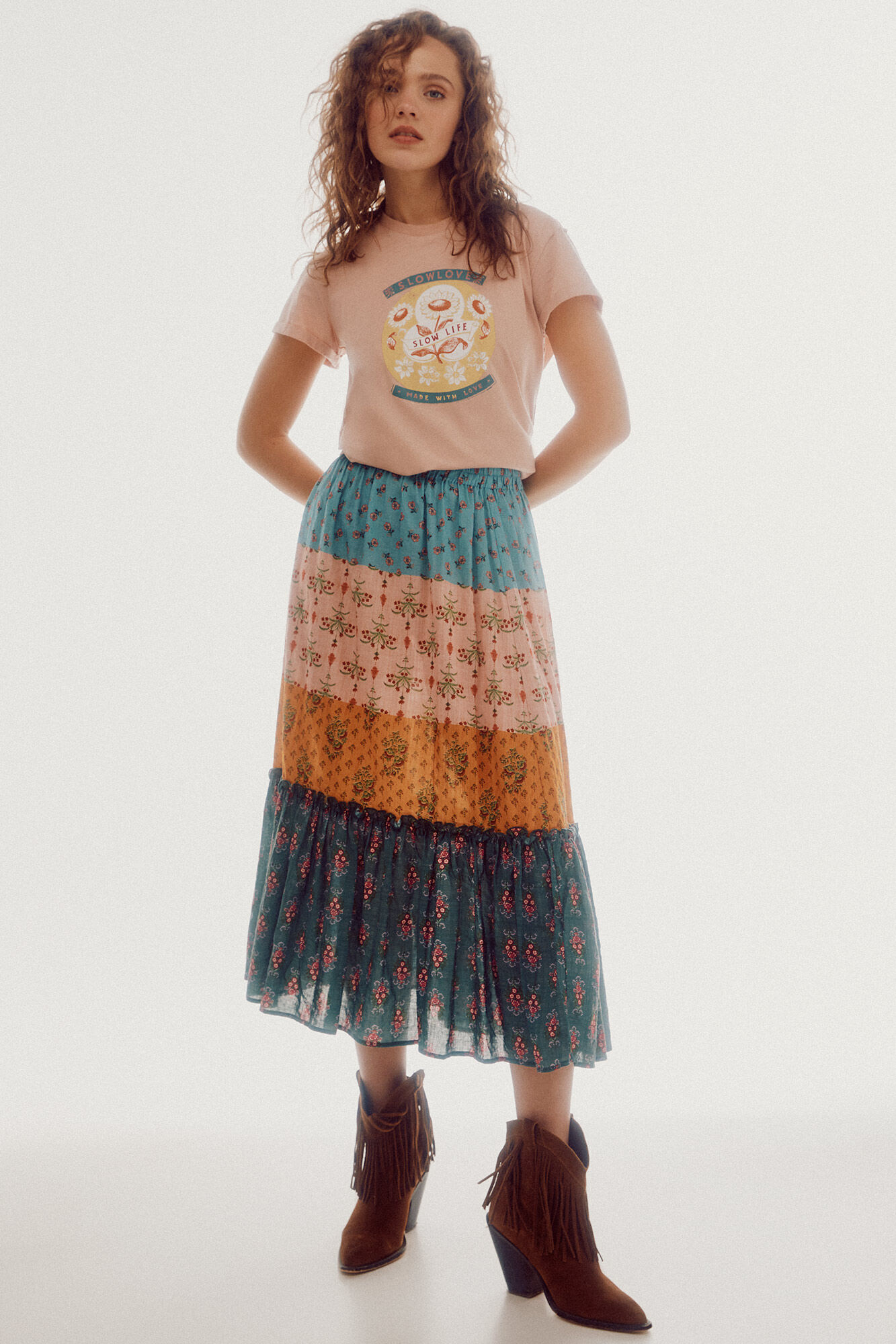Saia midi estampada - Multicolorida