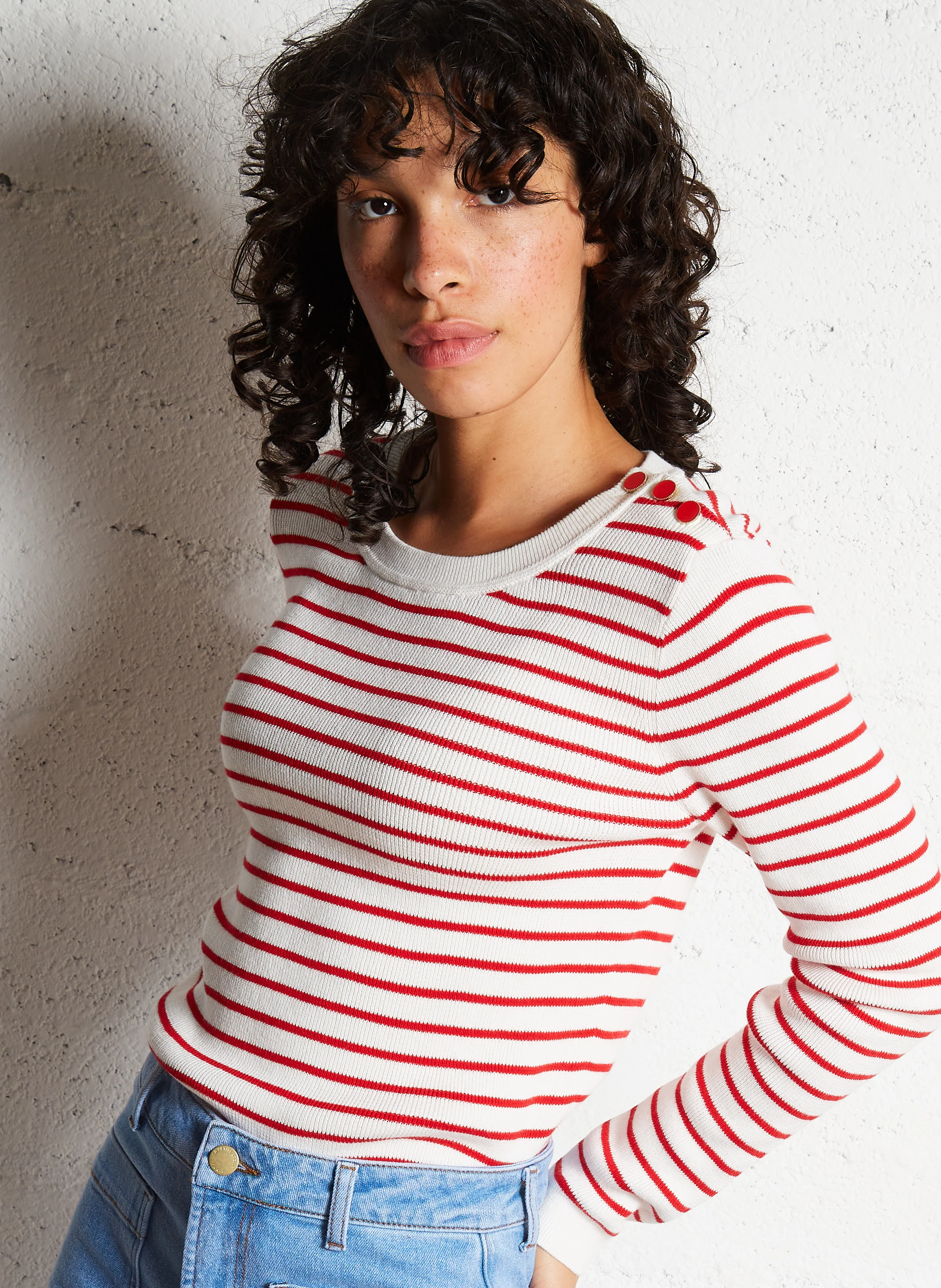 MOLLY - Pull col rond droit en coton rayé | Rose