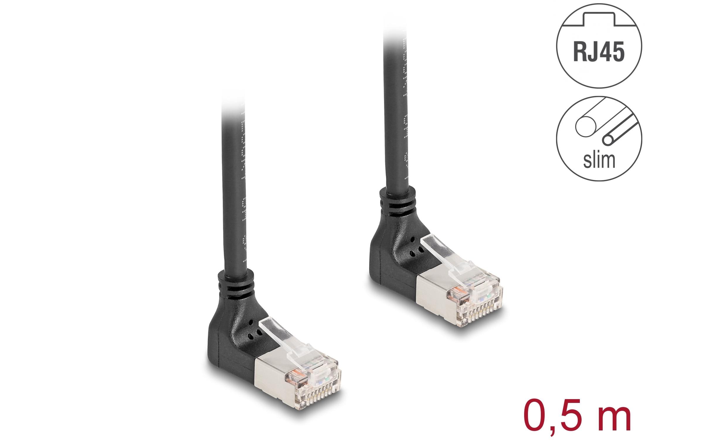 Patchkabel 90° oben gewinkelt Cat 6A, S/FTP, 0.5 m, SchwarzDelock RJ45 Netzwerkkabel Cat.6A S/FTP Slim 90° oben / oben gewinkelt 0.5 m schwarz