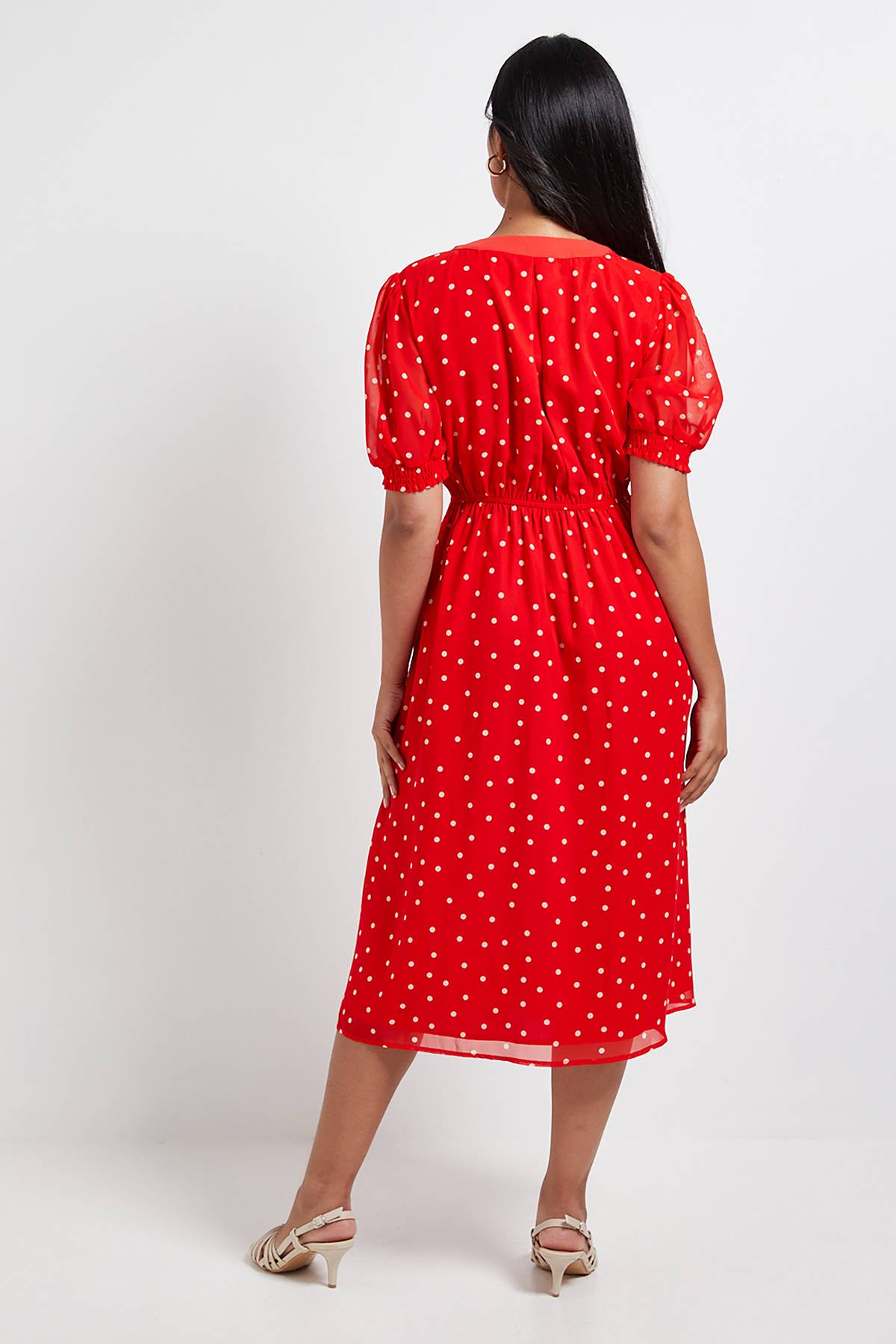 Wallis Robe Midi à Pois avec Fermeture Éclair et Manches Bouffantes - Petite Taille