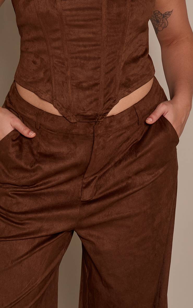 Marron Pantalon Tailleur Grande Taille En Faux Suède