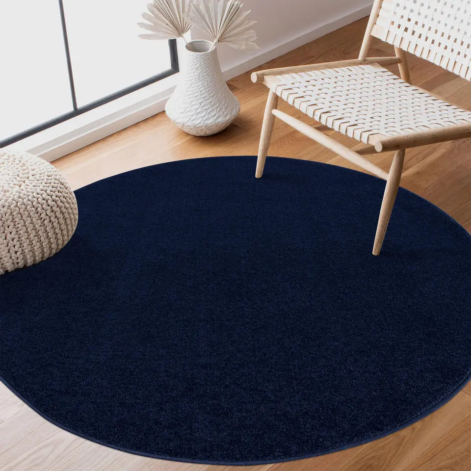 Uni Rond Effen Laagpolig Vloerkleed Modern Donker Blauw Navy - 120 CM ROND