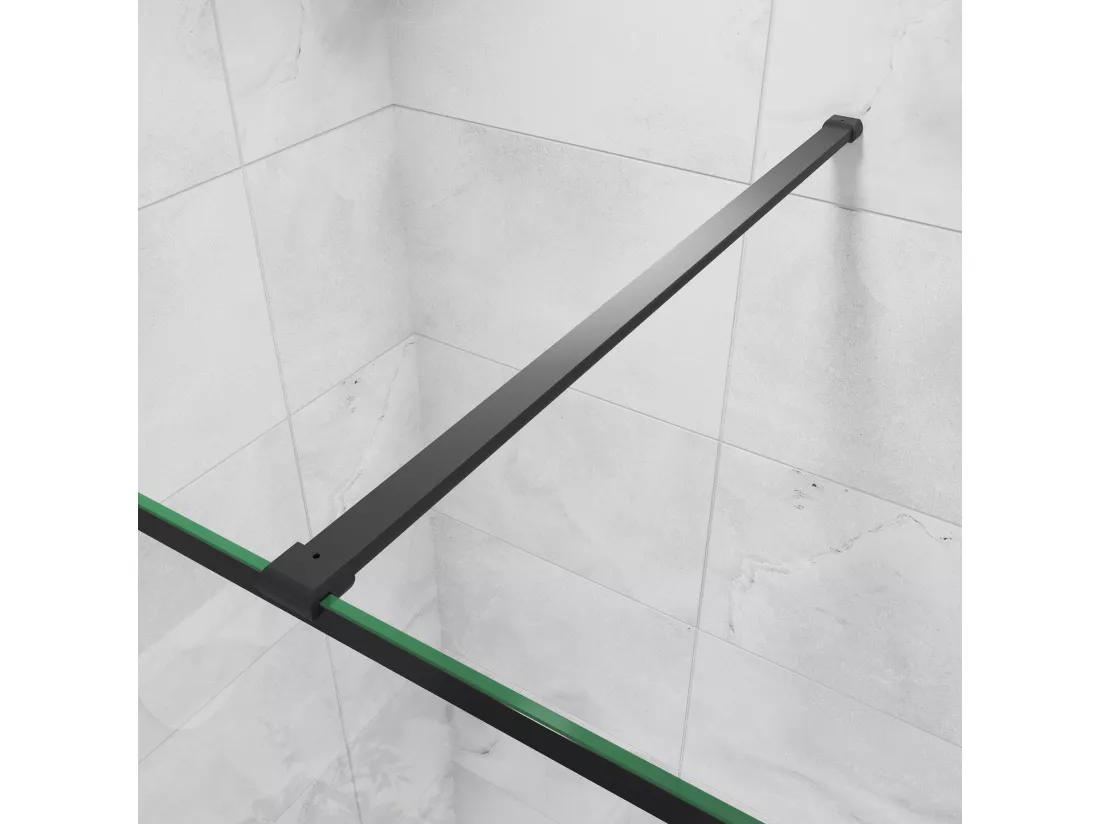 Paroi de douche 140x200cm fixe à l'italienne avec barre de fixation noire 90cm, en 8mm verre anticalcaire style moderne
