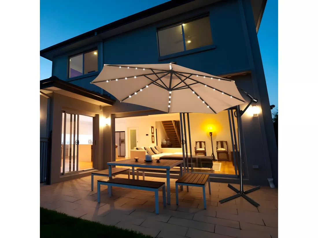 Parasol Déporté Exterieur Lumières LED Solaires 3M, Parasol de Marché à 8 Côtes en Aluminium, Réglages d'Inclinaison Rotation, Manivelle, Base Croisée, pour Jardin Terrasse Beige