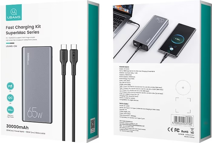 (65W) PB59 Super Mac Series 30000mAh Dual USB A / USB C Powerbank Power Delivery Ladegerät (US-CD165) - Grau