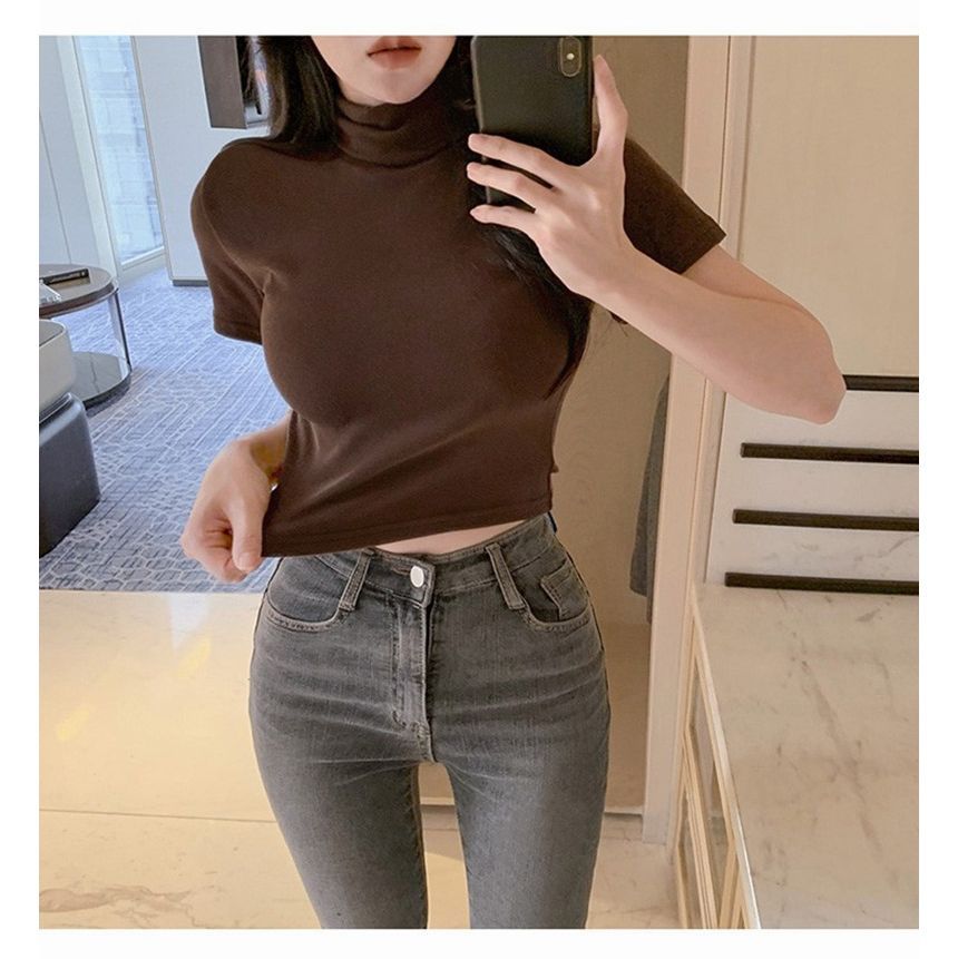 Leandra - Kort T-shirt met korte mouwen en coltrui