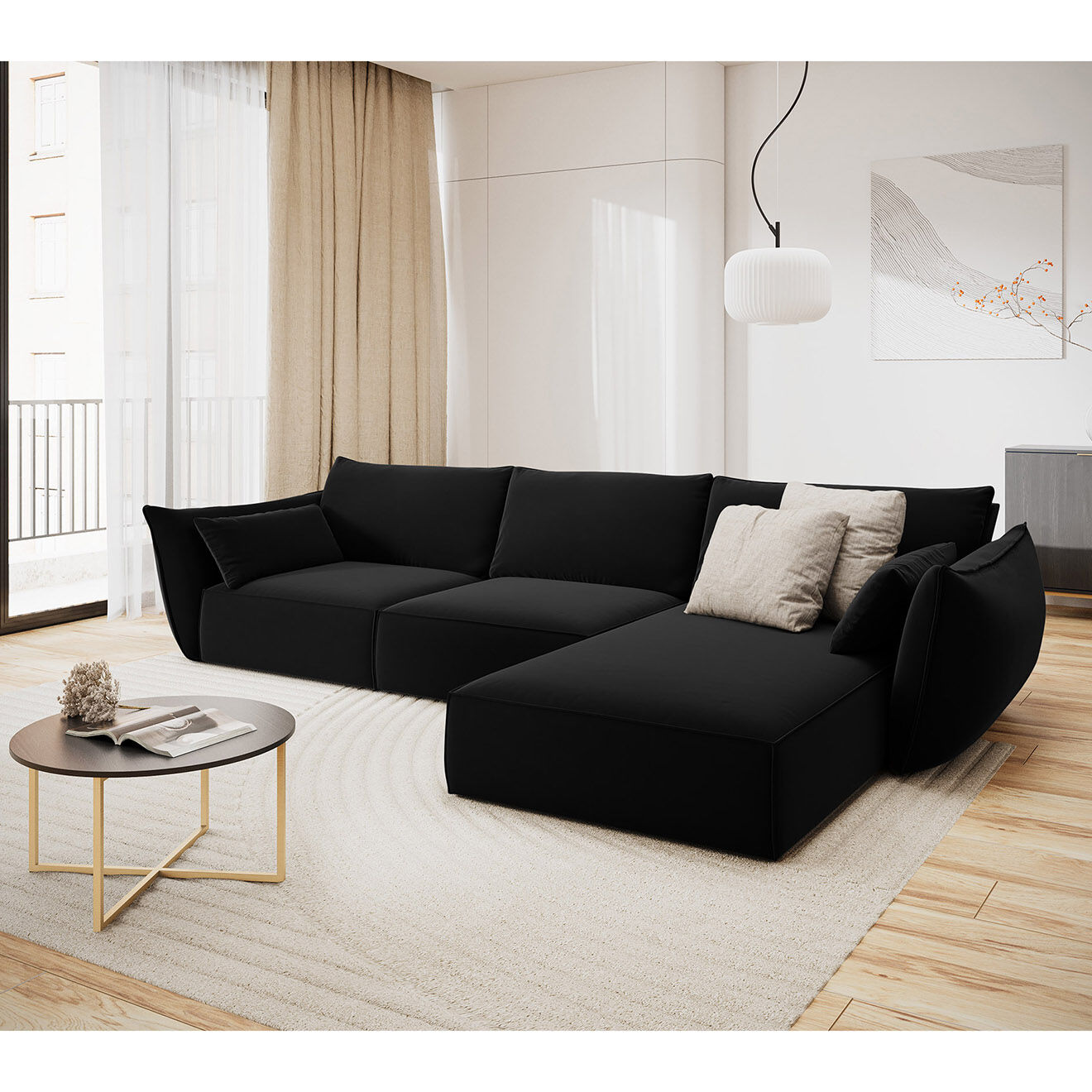 Mazzini Sofas Canapé d'angle droit Velours Vanda 4 Places noir - 300x166x85 cm
