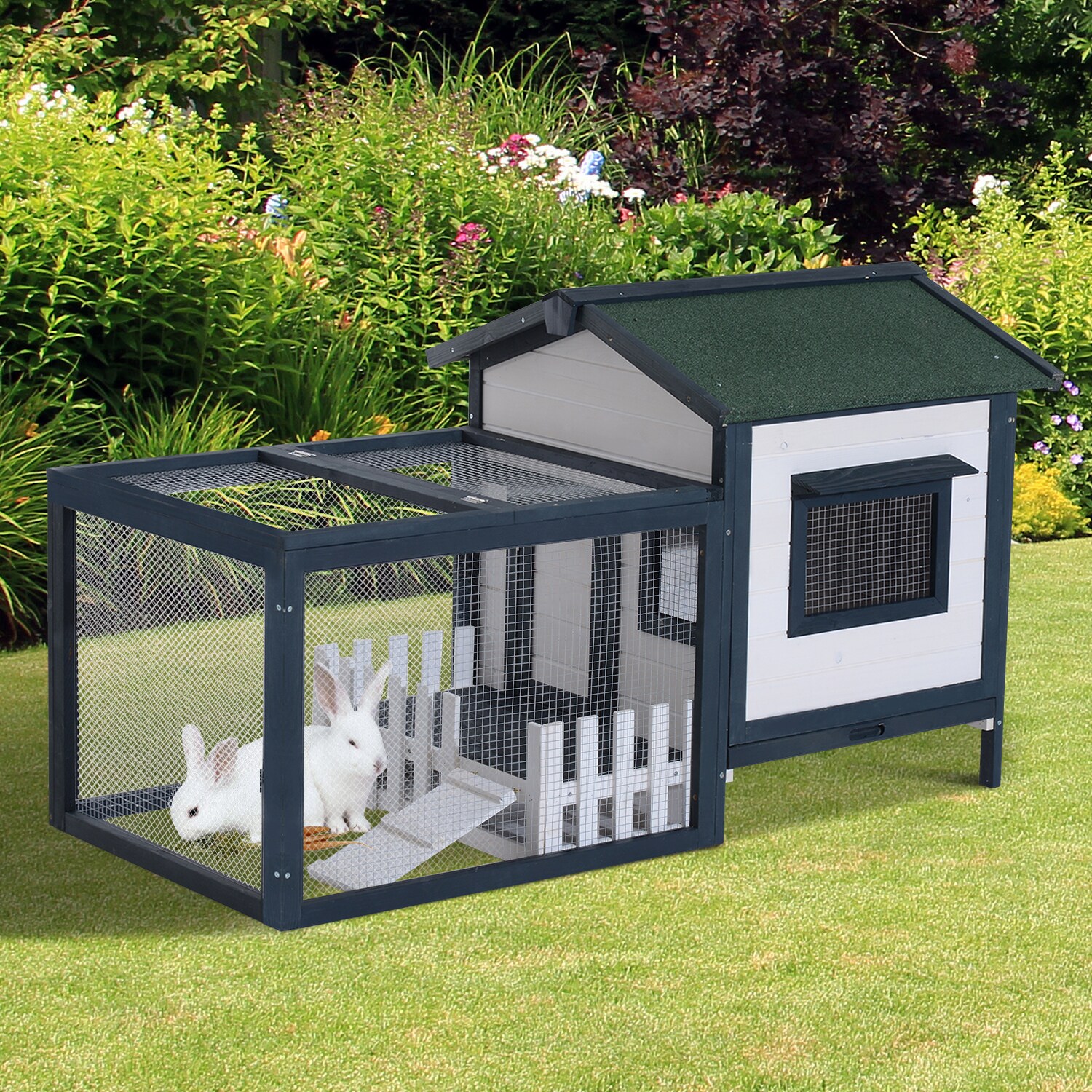PawHut Meerschweinchenstall mit Freigehege grün, weiß 151 x 78 x 84 cm (LxBxH)