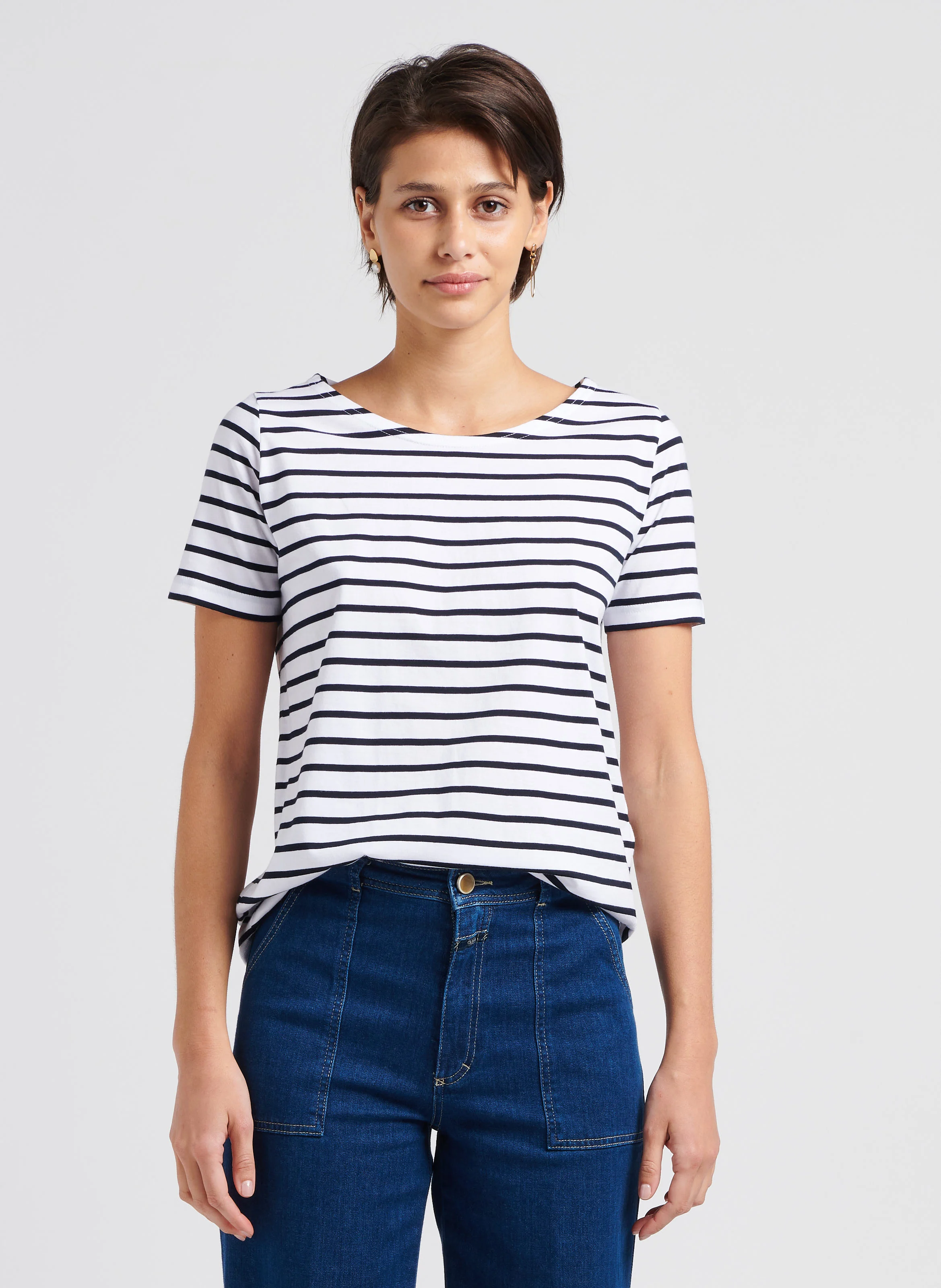 Tee-shirt col bateau rayé en coton léger | Blanc