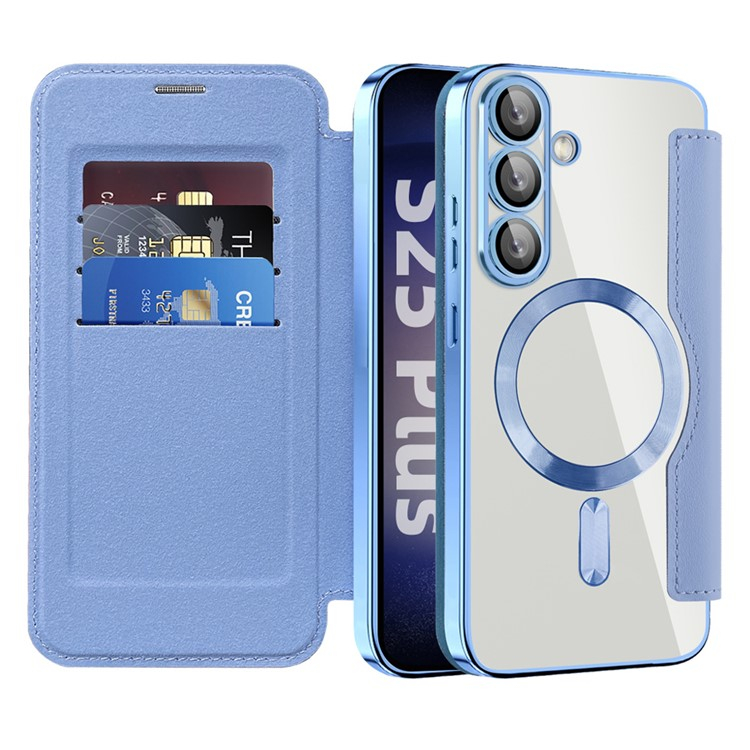 Samsung Galaxy S25  Plus Hybrid Leder Tasche   Kunststoff Rückseite MagSafe-Modul mit Steppmuster (RFID Schutz) - Blau / Transparent