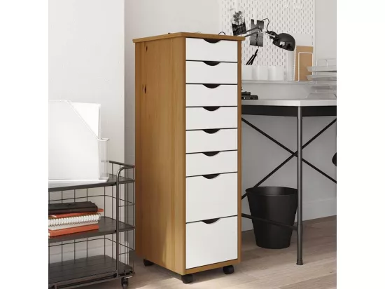 Armoire roulante avec tiroirs MOSS bois de pin marron miel