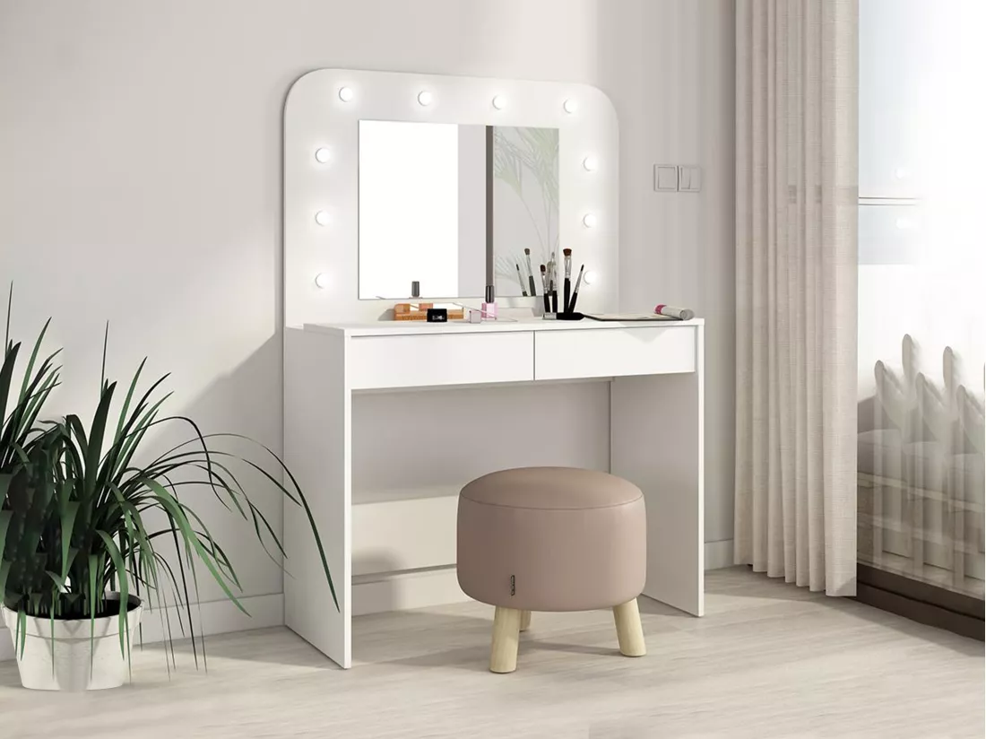 Coiffeuse JOSEPHINE - Miroir à LEDs et rangements - Blanc