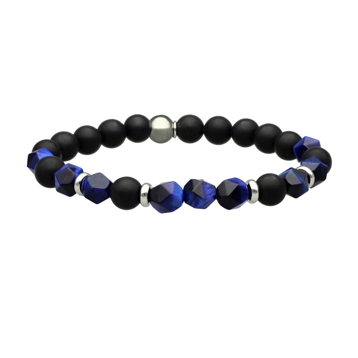 Bracelet Acier Pierres Naturelles Perles Agate Noir Et Lapis-Medium-18cm