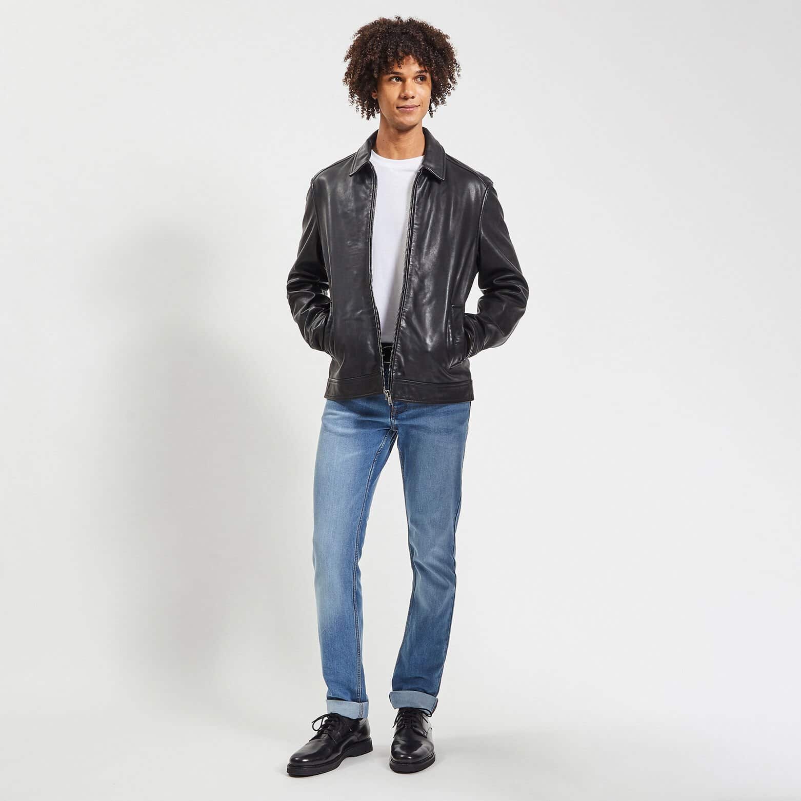 Blouson en cuir col chemise Noir