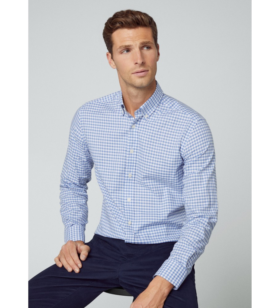 Camisa Hackett Azul com Estampa Xadrez Escovado