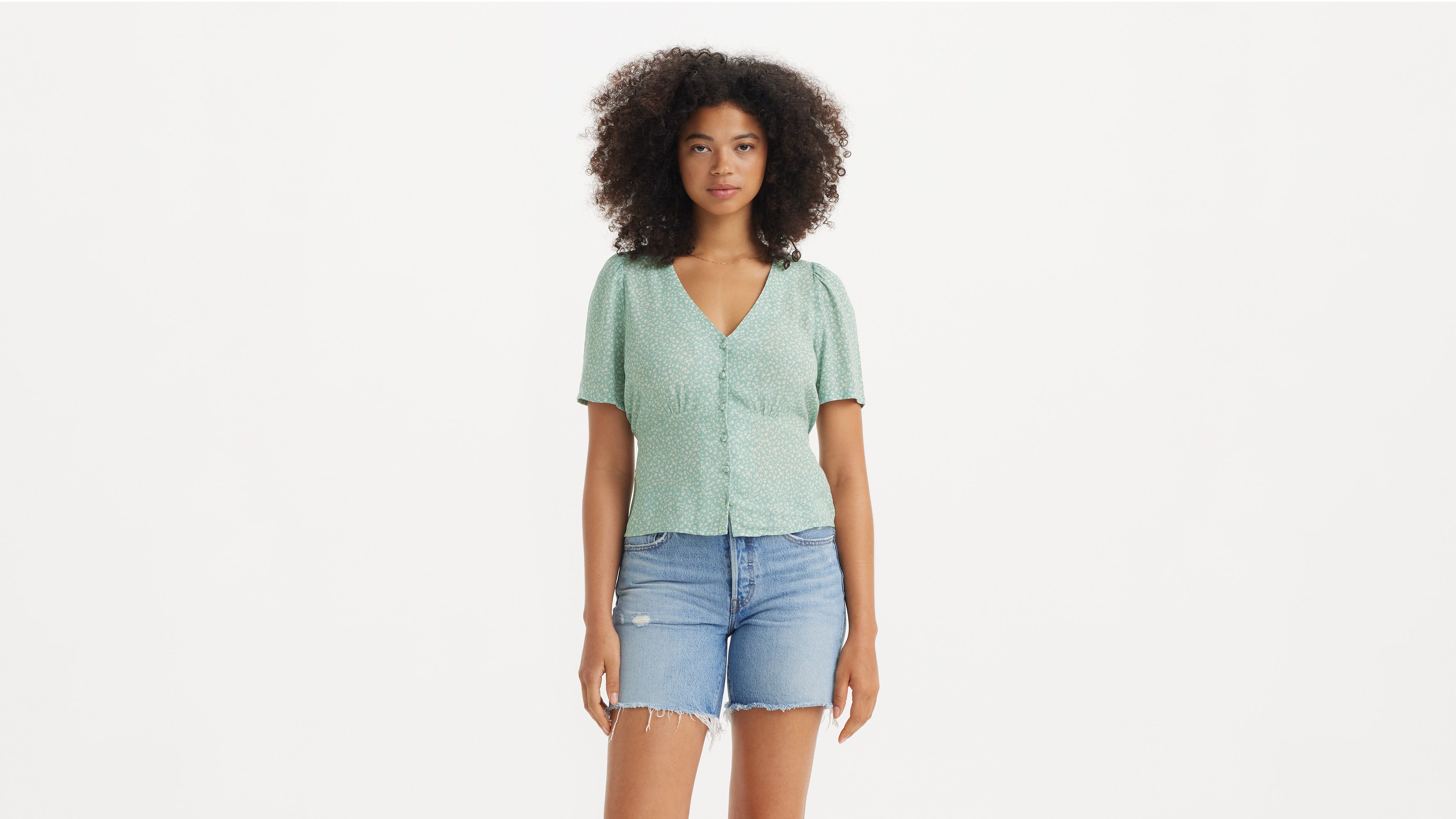 Dolores Short Sleeve Blouse - Alarcon Floral Blue Surf - Green