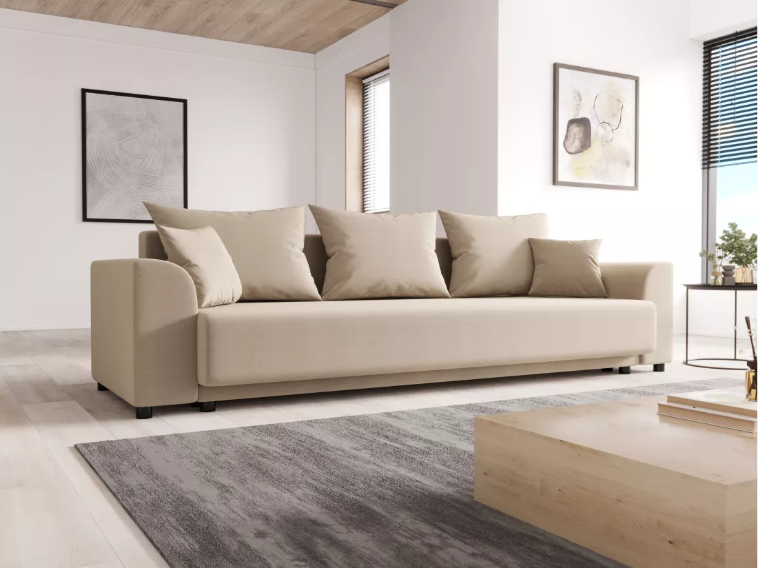 Canapé 3 places convertible en tissu beige NESSARO