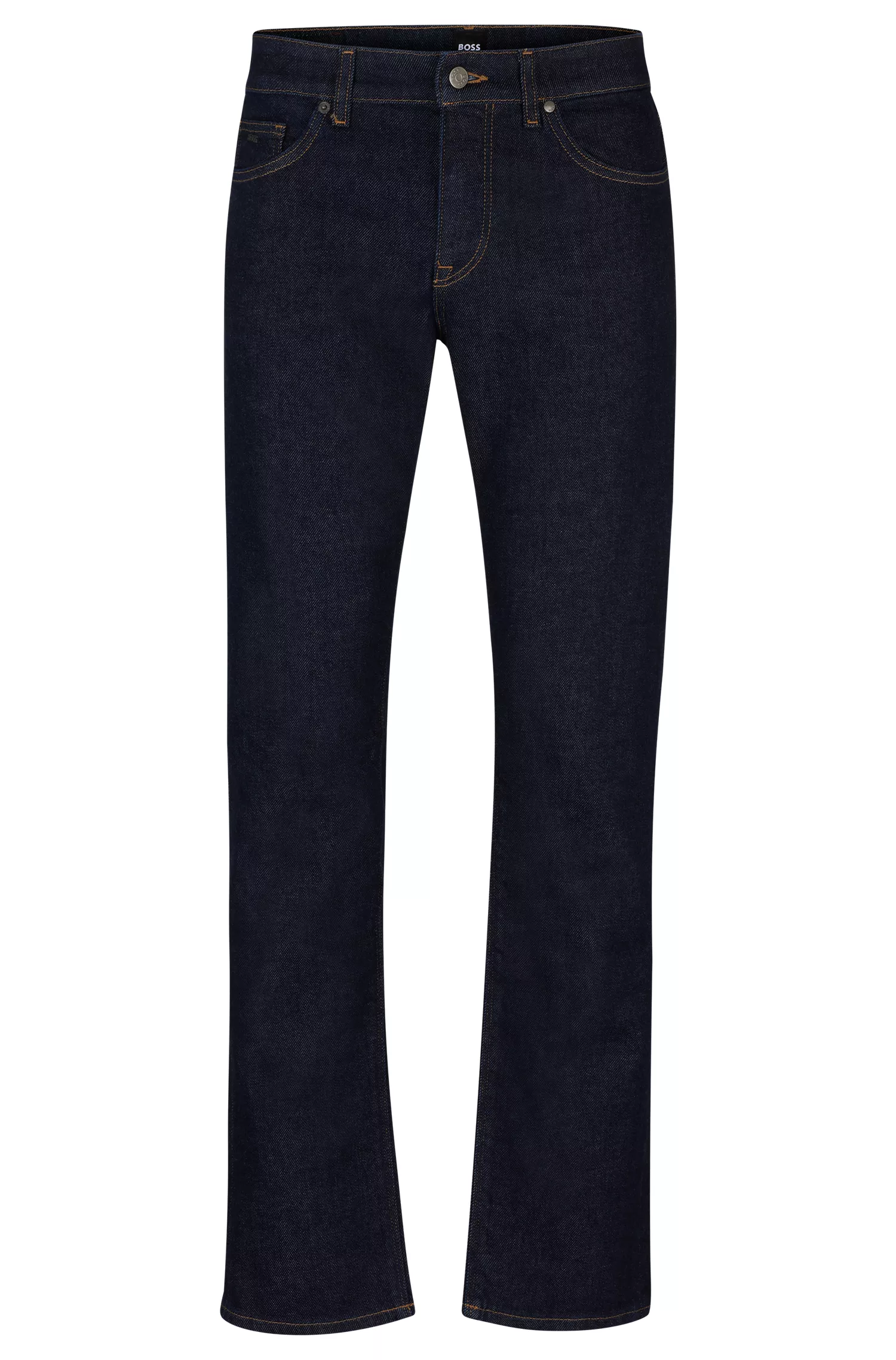 Calça jeans BOSS preta, corte regular, em denim azul-escuro com elasticidade confortável.