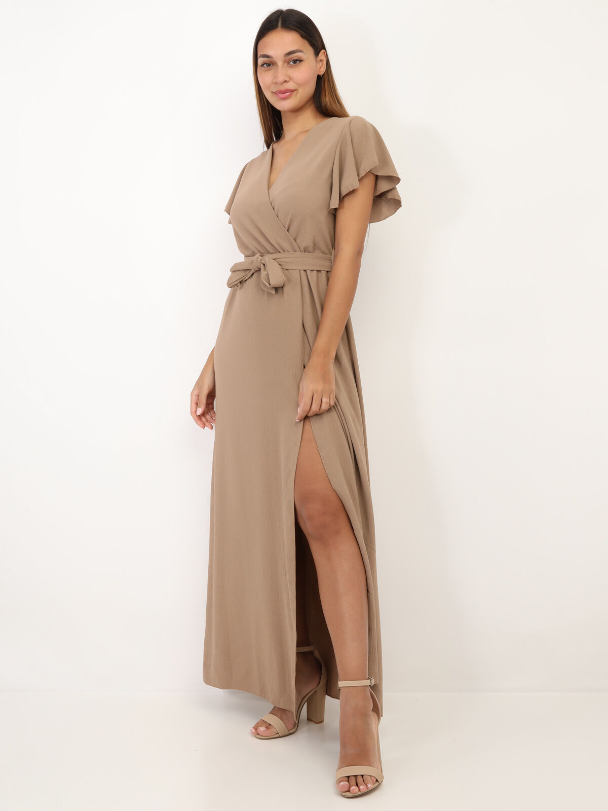 Robe longue fendue à col cache coeur- Camel