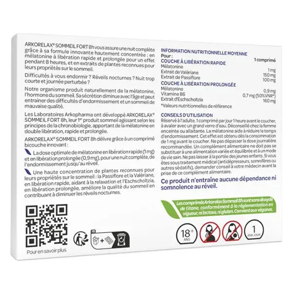 Arkopharma Arkorelax Sommeil Fort 8H Mélatonine Valériane 15 comprimés