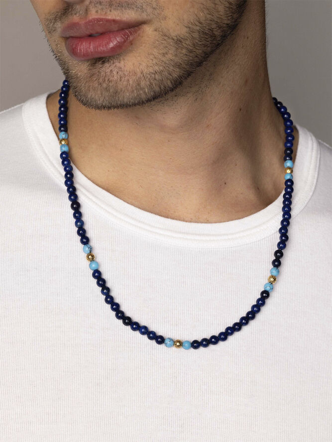 Nialaya Beaded Necklace with Blue Lapis, Turquoise, and Gold Plating Blue
