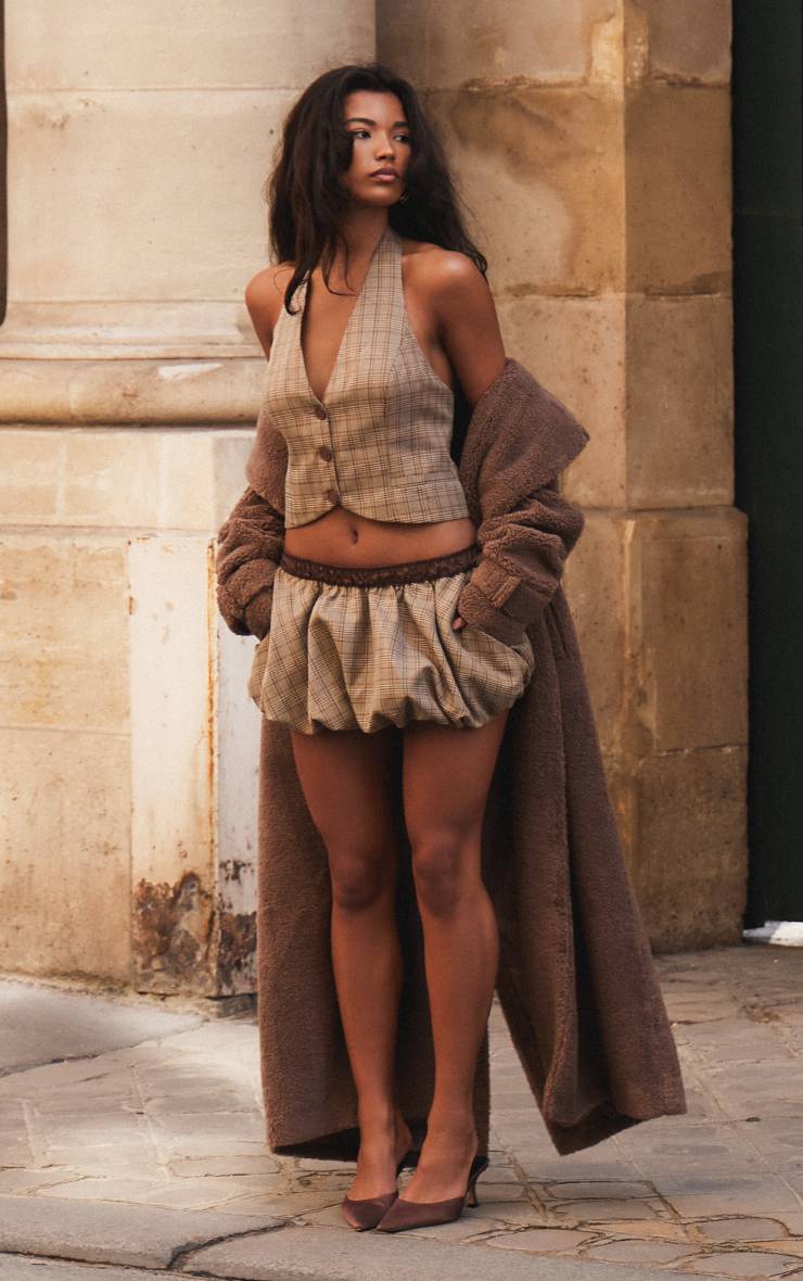 Marron Jupe À Carreaux Tissée Ajustée Avec Taille Bouffante