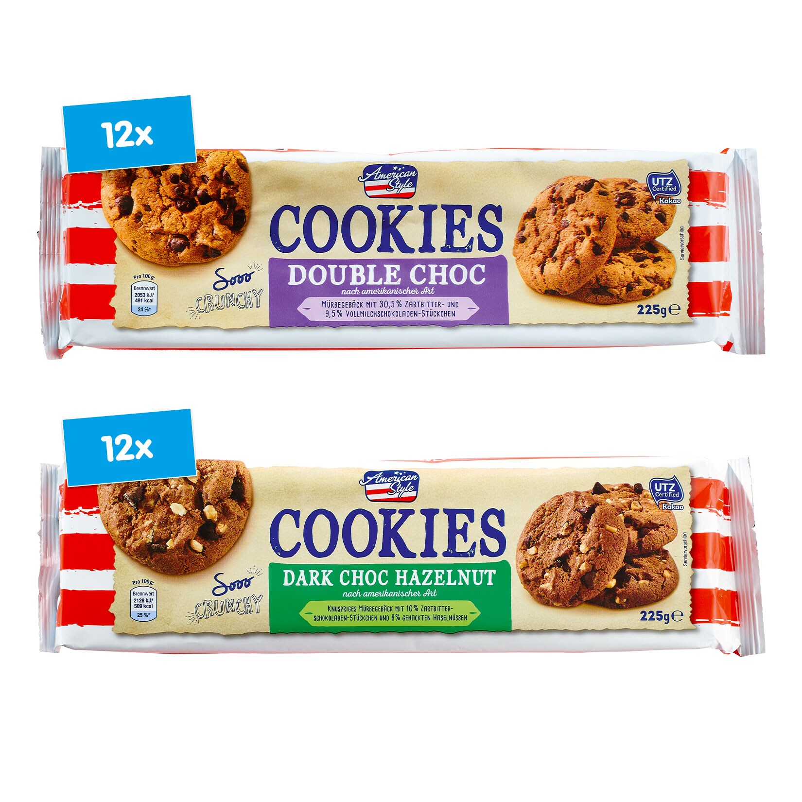 American Style Chocolate Cookies 225 g, verschiedene Sorten, 24er Pack