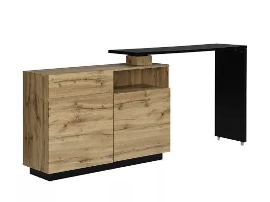 Meuble de bar pivotant avec 2 portes, 1 tiroir et 1 niche en MDF - Naturel et Noir - ELDIR