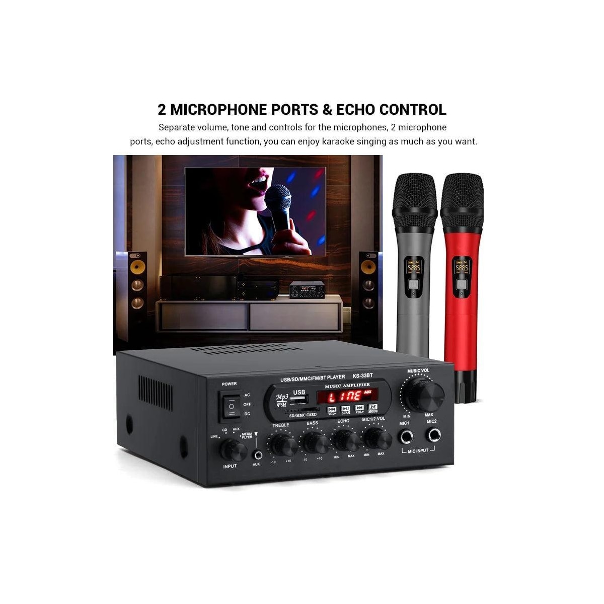 NÖRDIC Bluetooth 5.0 Stereoforsterker 60 + 60W RMS Forsterker 2 Mikrofoninngang Digital Audio Karaoke