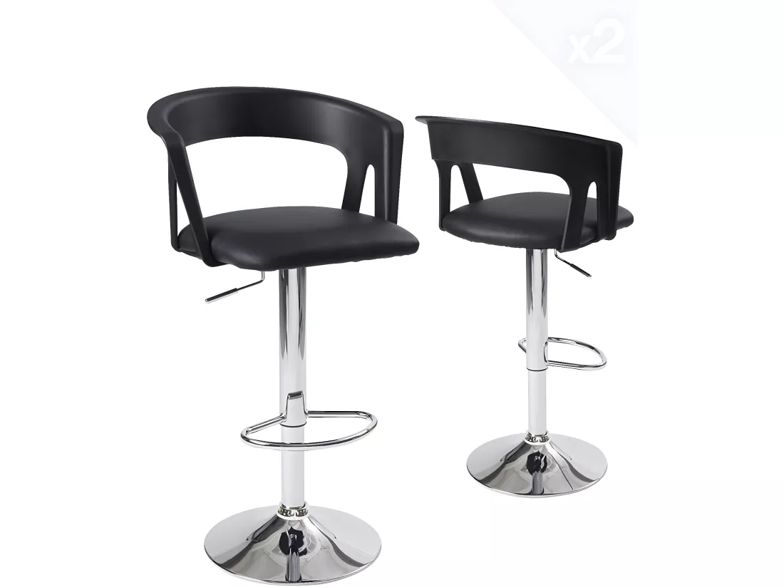 Lot 2 tabourets de bar dossier accoudoir coussin pivotant hauteur réglable AYO (noir)