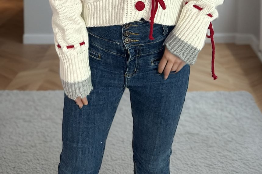 Bolgivy - Cropped vest met kraag, bloemenborduursel, contrasterende rand, strikceintuur en knoopsluiting