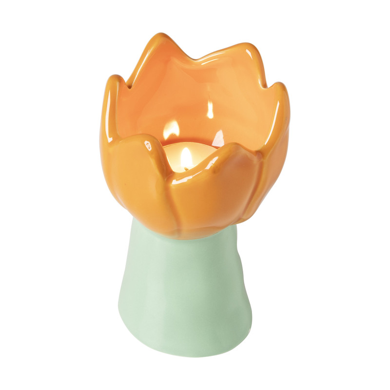 Waxinelichthouder tulp M - oranje/groen - ø8x13.5 cm