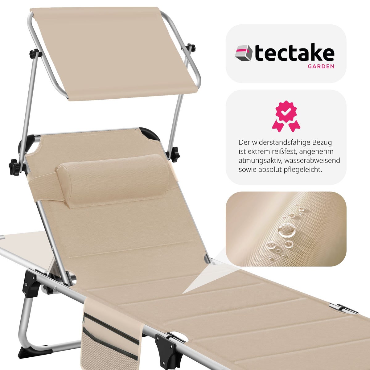 tectake Lorella gestoffeerde zonnebank, opvouwbaar 220 x 60,5 x 34 cm, met zijvak