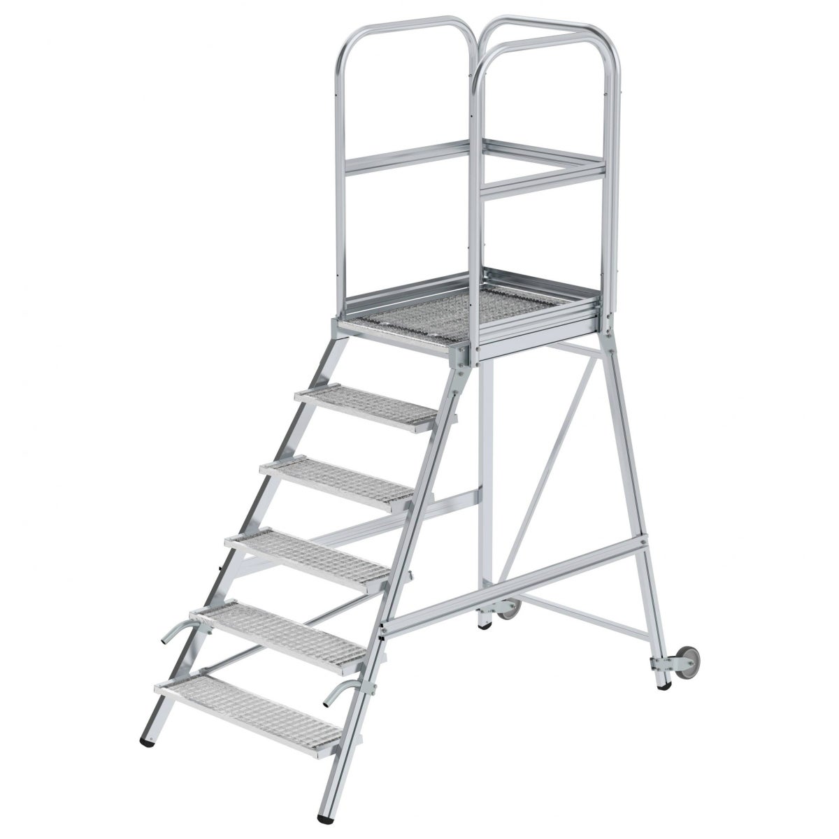 Munk platformladder met wielen en handvat, stalen rooster, 6 treden