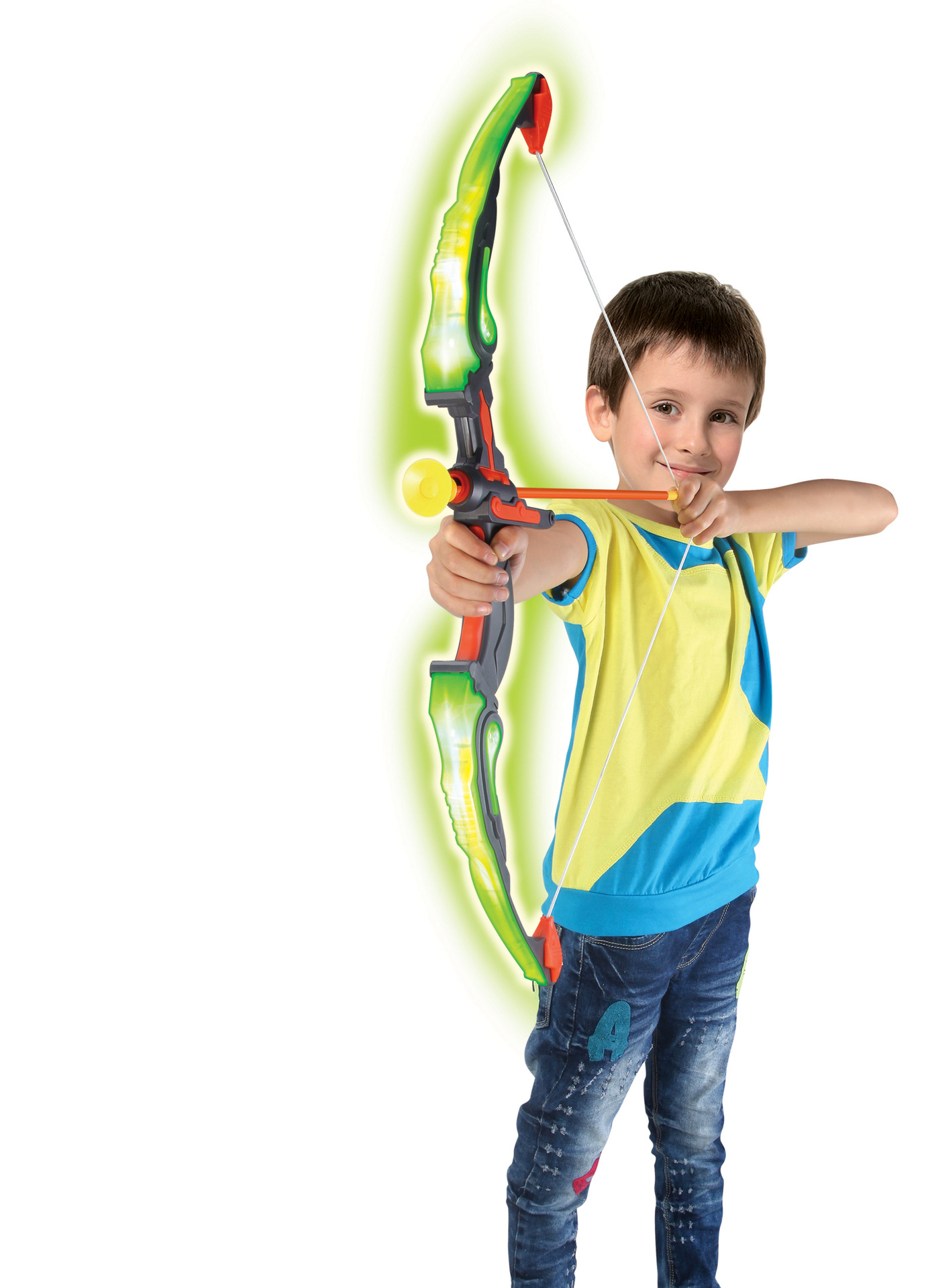 (6-tlg. Set) LED Kinder Bogen Schiessen Spielzeug inkl. Zielscheibe / Pfeilhalter (Batteriebetrieben) - Bunt