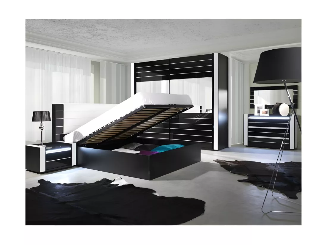Ensemble design pour chambre à coucher LINA noir. Lit coffre 180x200 + 2 chevets avec LED + commode avec LED