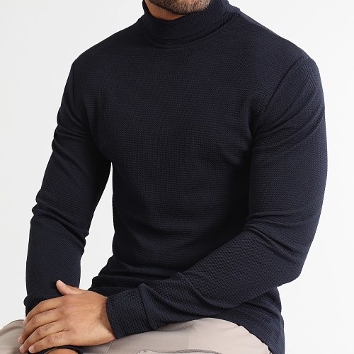 Pull Col Roulé Texturé Waffle 0540 Bleu Marine
