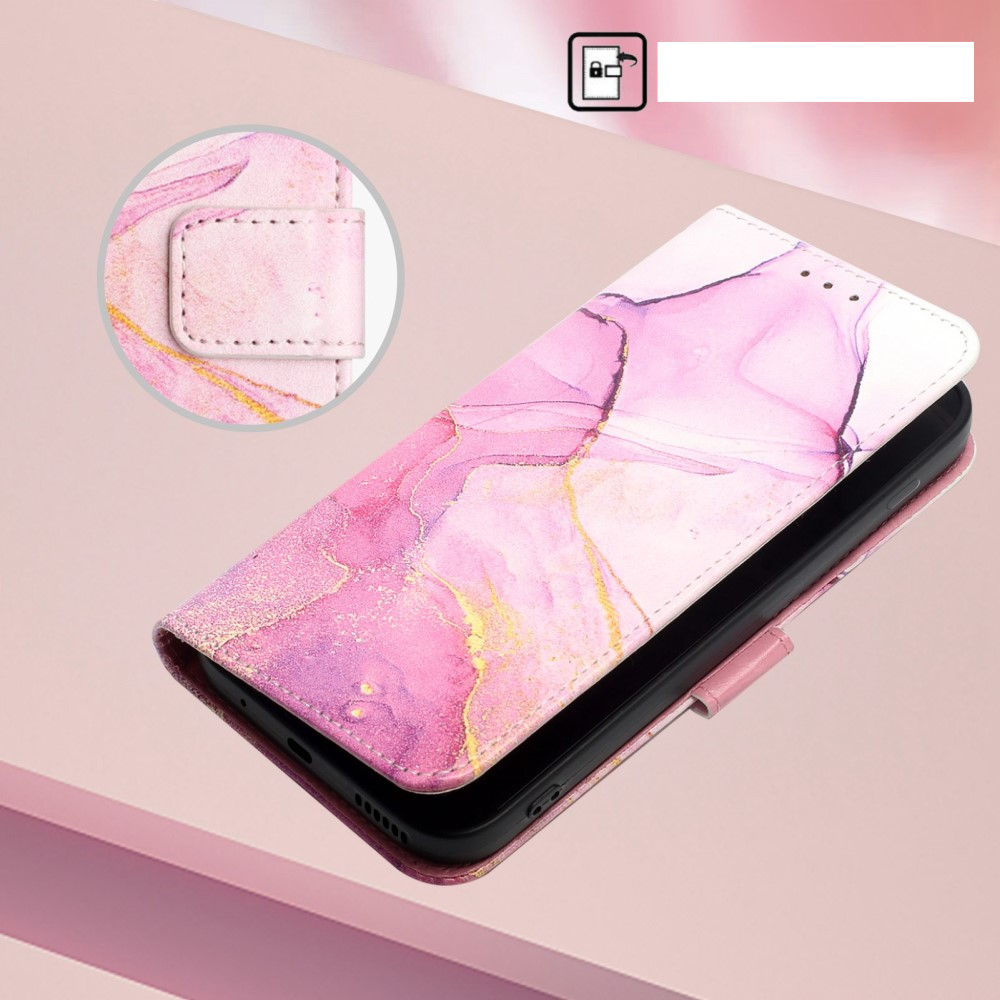 iPhone 12 / iPhone 12 Pro Leder Tasche mit Kartenfach   Handschlaufe Marble Marmor - Pink / Rosa