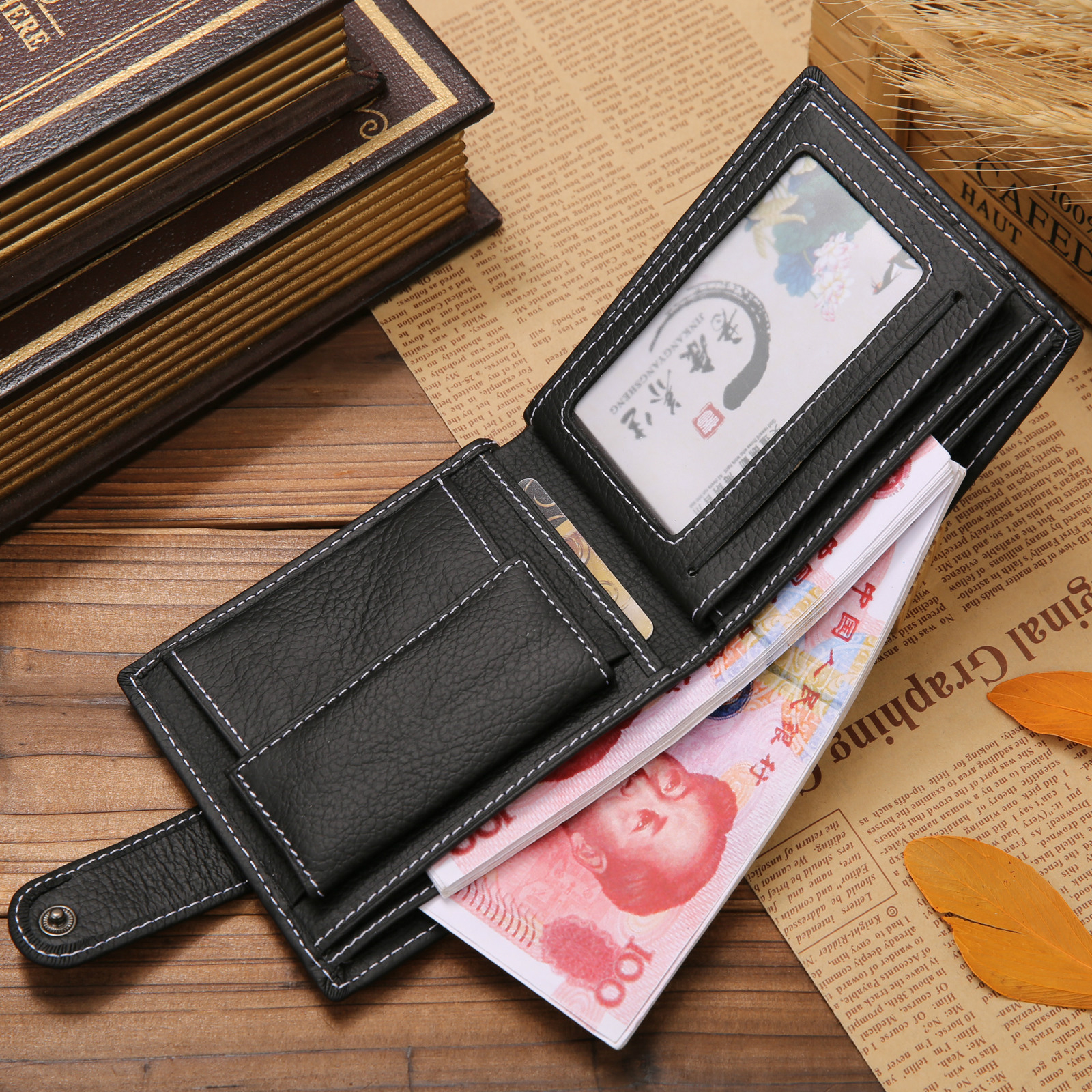 (115x97mm) Echtleder Geldbörse Fashion Portemonnaie mit 11 Fächern - Schwarz
