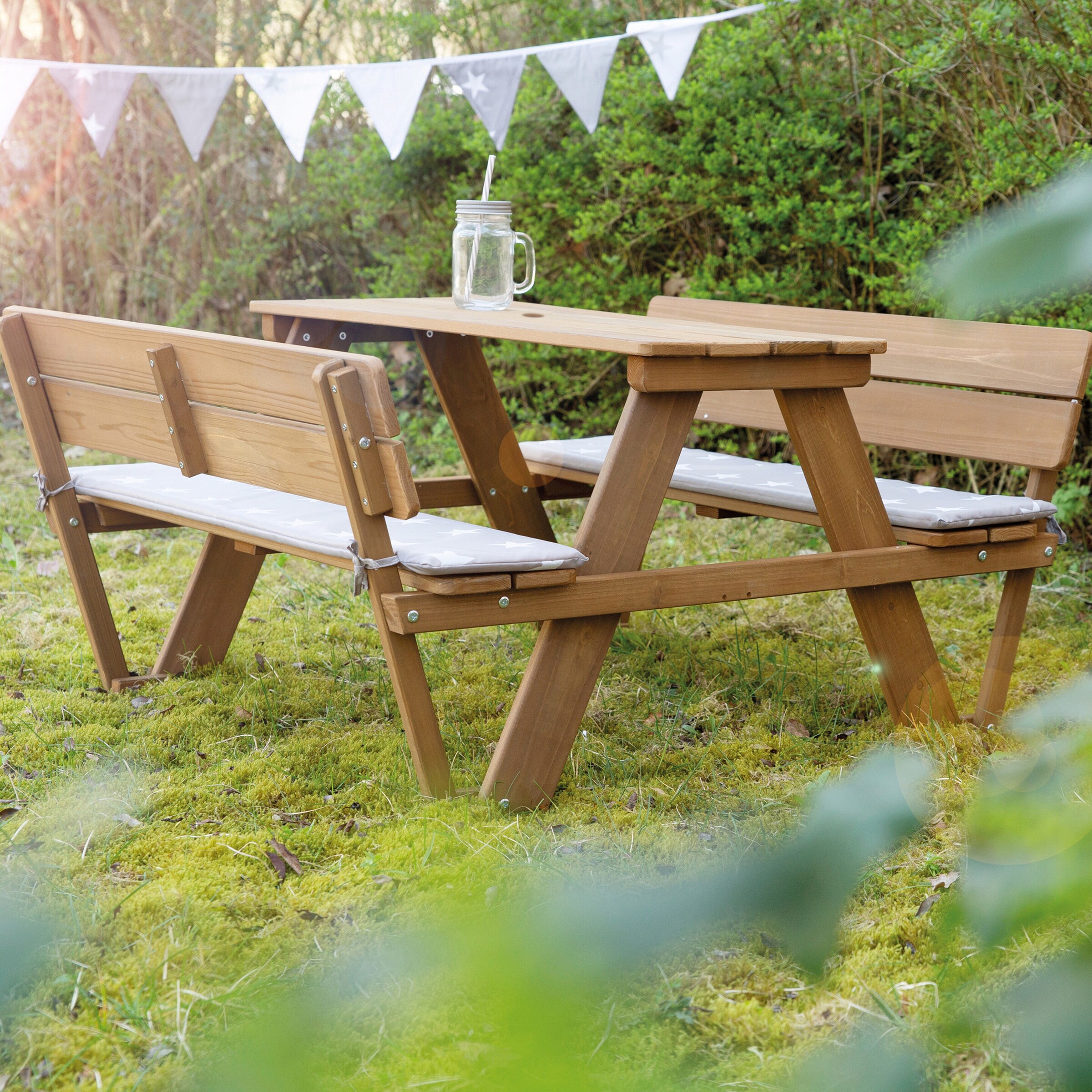 roba Kindersitzgruppe 'PICKNICK for 4' Outdoor +, teak, mit Lehne und Bankkissen Little Stars