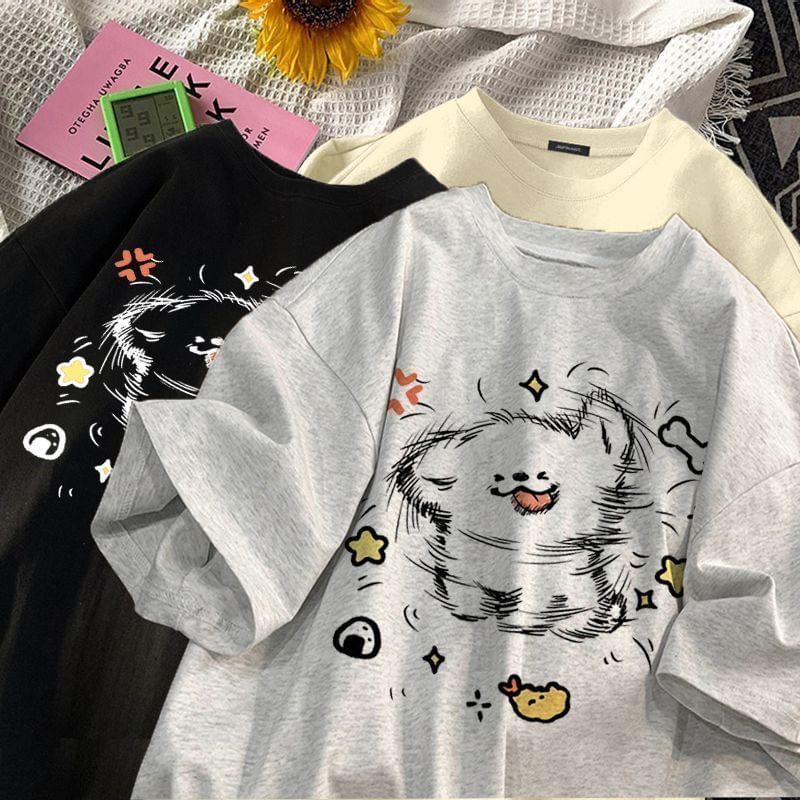 Bay Go Mall - T-shirt met korte mouwen, ronde hals en hondenprint