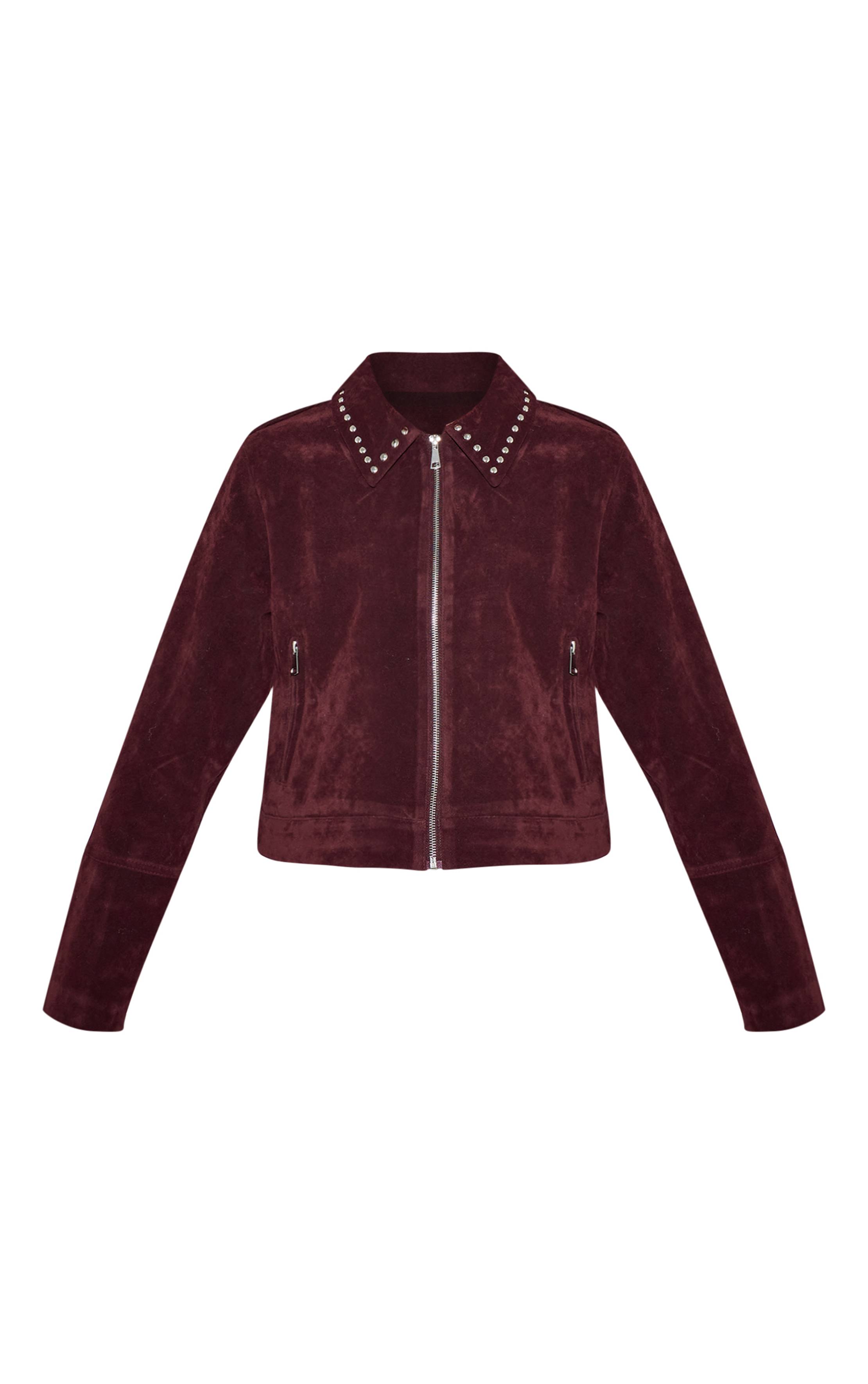 Rouge Bordeaux Veste Zippée En Faux Suède À Détails Cloutés