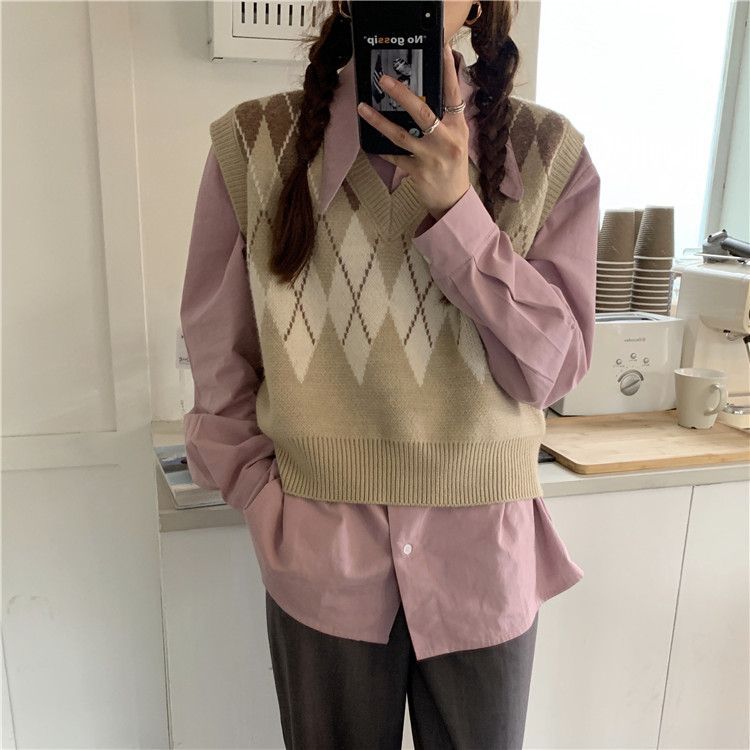 Gilmort - Argyle Sweater Vest / Effen Shirt